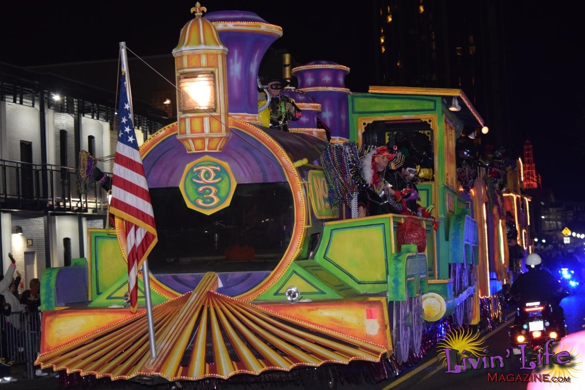 Floats in the Conde Cavalier Mardi Gras Parade in Mobile Alabama